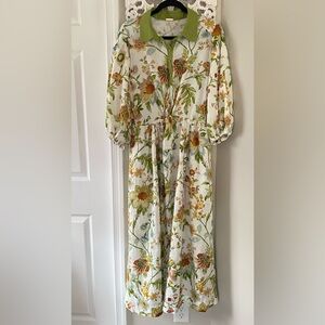 Magaschoni Floral Maxi Dress in White with Green Collar